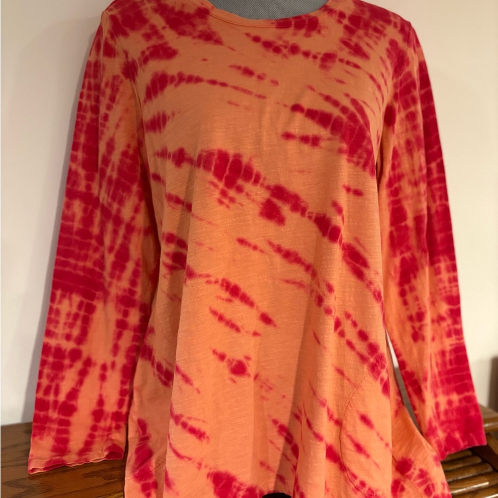 LOGO Lori Goldstein Tie-Dye Long Sleeve Women's T-shirt Red and Orange Sz Medium
